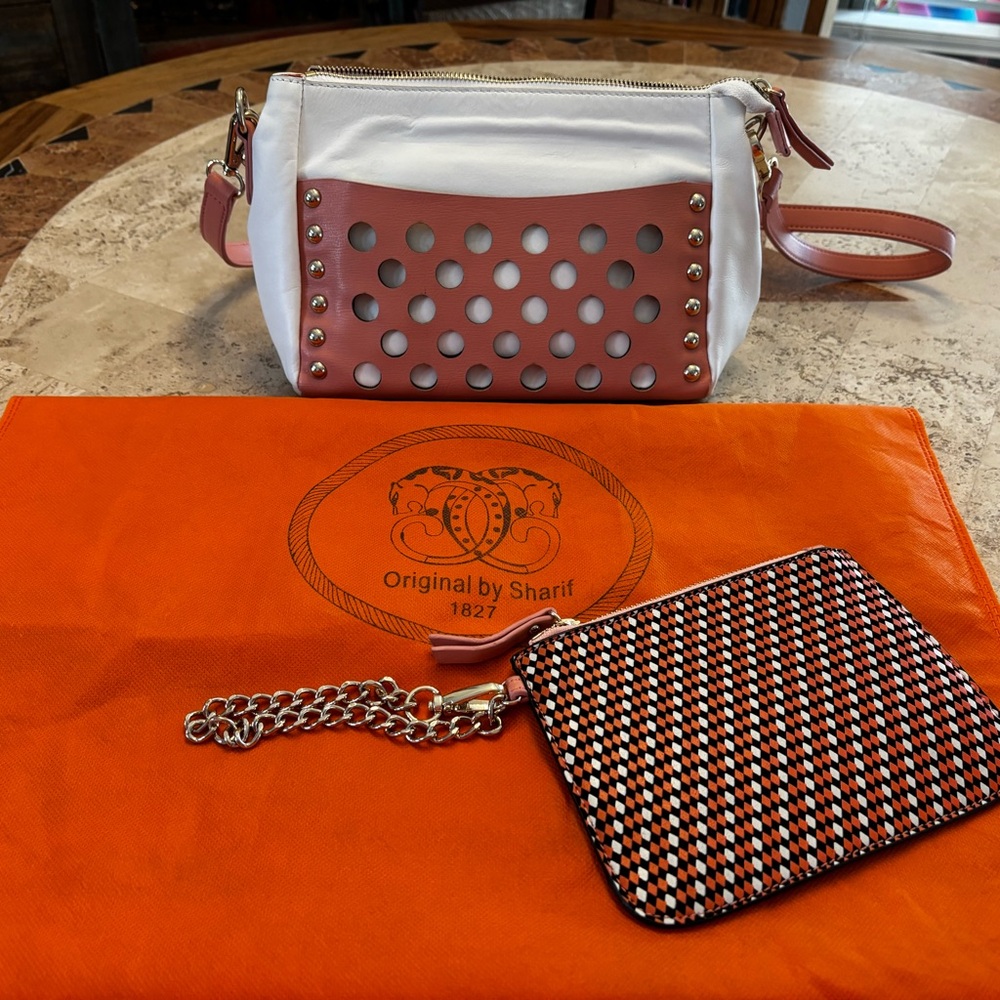 Sharif Coral and White Crossbody Bag with Stud Accents